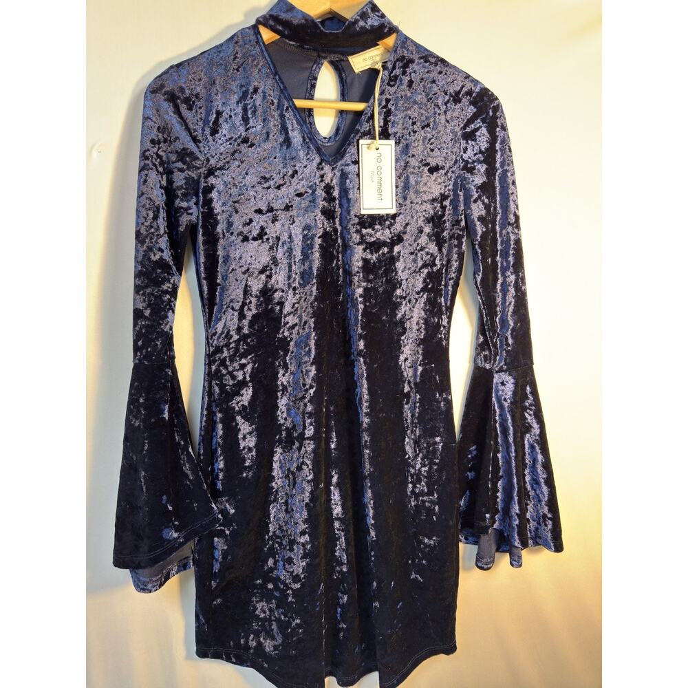 No Comment Crushed Velvet Dress Womens M Navy Bell Sleeve Mock Neck Stretch NWT